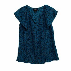 Liz Claiborne Women Blue Black Floral Print Blouse VNeck Flutter Short Sleeve XS